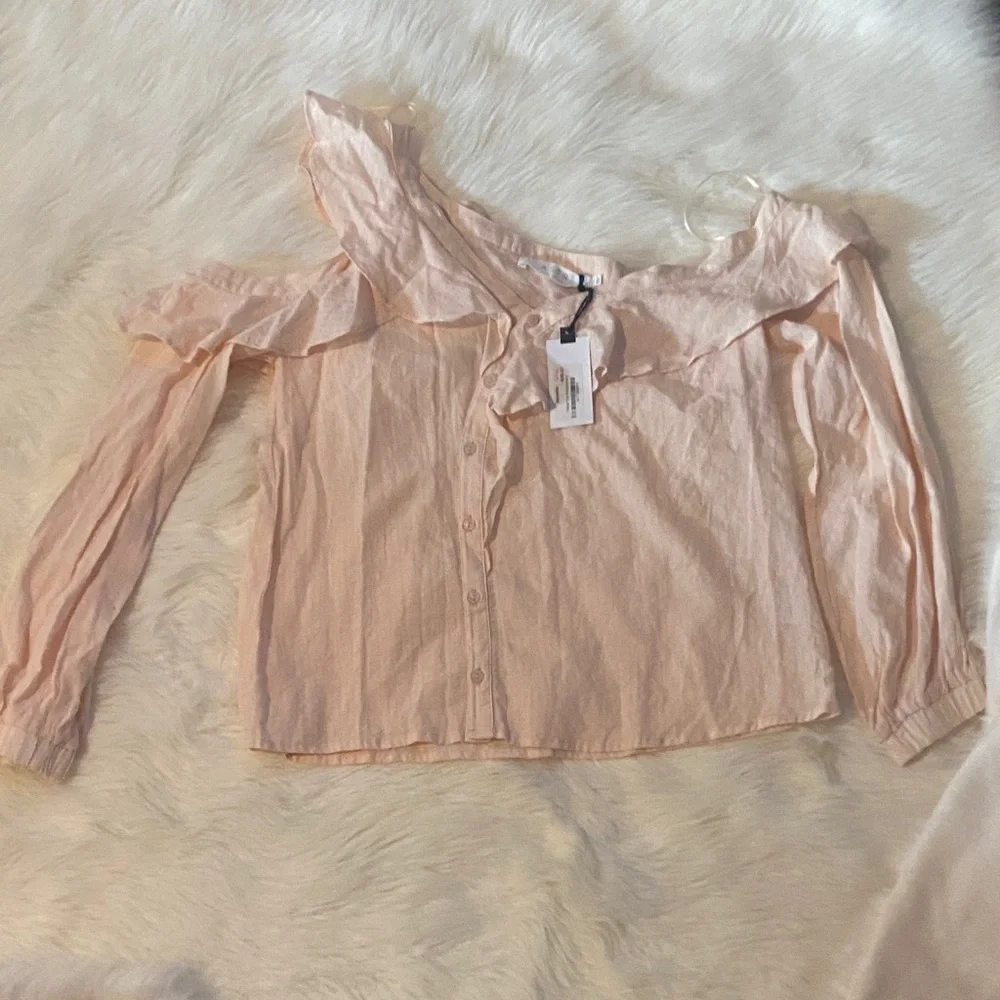 Astr Light Pink Ruffle-Trim Button Front Blouse - Picture 1 of 4